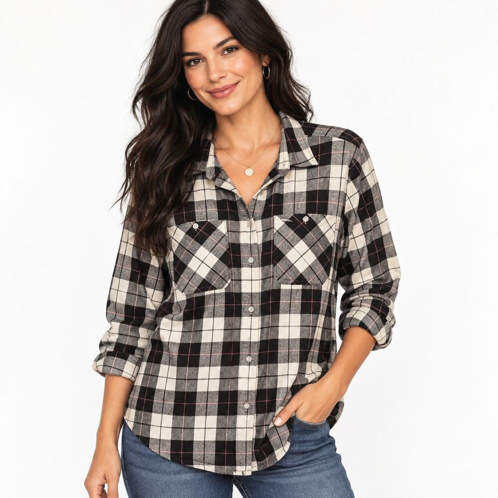 Lauren Ralph Lauren Plaid Button Shirt Womens Large Black Pink White Cotton Top